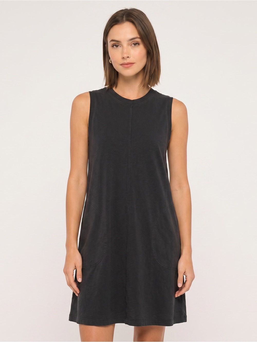 ATM Black Fade Pima Cotton High Neck Muscle Tank Dress with Pockets NEW